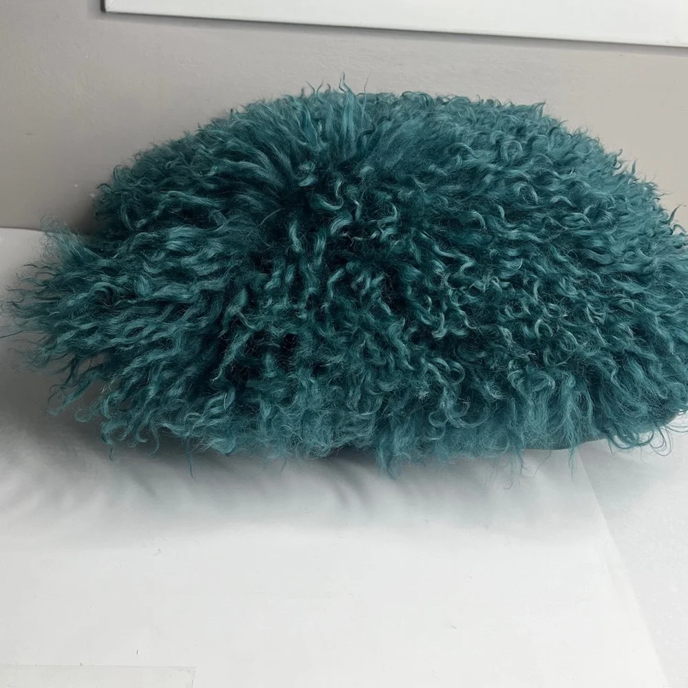 CB2 16 x 16 Mongolian Sheepskin Pillow with Feather Pillow Insert Teal Green